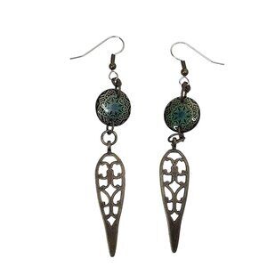 Antique Bronze Style Spear Dangle Drop Earrings Green & Black Patterned Beads